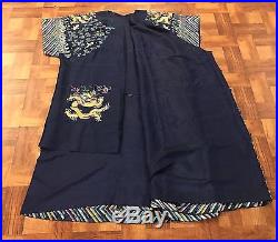 Large Antique Chinese Silk Dragon Robe With Many Gold Threaded Dragon Kesi
