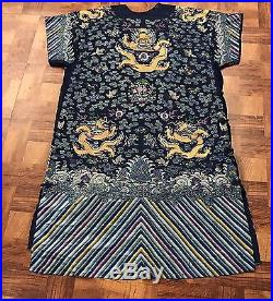 Large Antique Chinese Silk Dragon Robe With Many Gold Threaded Dragon Kesi