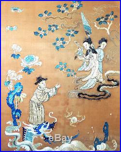 Large Antique Chinese Silk Embroidered Panel with Dragon Lay on Cardboard