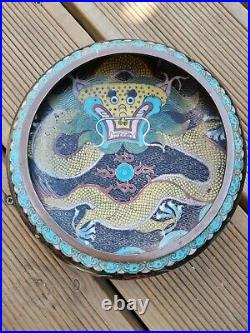 Large Antique Chinese Yellow Dragon Cloisonné Bowl Seal Mark To Base 1900-1920