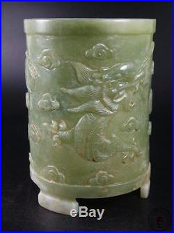 Large Antique Old Chinese Nephrite Celadon Jade Brush Pot DOUBLE POWERFUL DRAGON