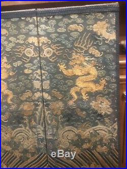 Large Chinese 19th C. Blue Ground and Golden Thread 5-Clawed Dragon Screen