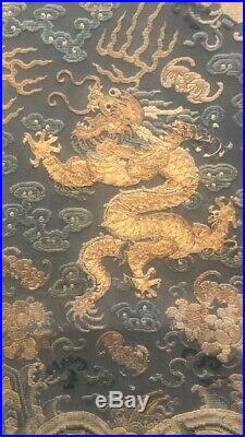 Large Chinese 19th C. Blue Ground and Golden Thread 5-Clawed Dragon Screen