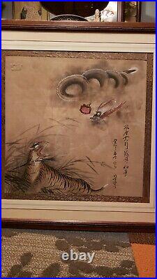 Large Chinese Antique Dragon and Tiger watercolor painting on silk Qing Dynasty