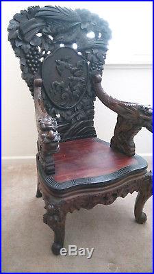 Large Chinese Antique Raised Carved Dragon Chair 19th Century