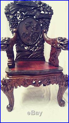 Large Chinese Antique Raised Carved Dragon Chair 19th Century