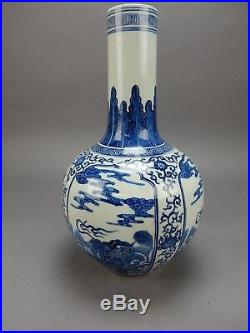 Large Chinese Blue and White Dragon KANGXI Marked Vase 15.75