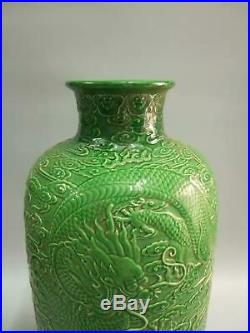 Large Chinese Green Glaze Porcelain Dragons Vases Hand-carved Marks QianLong
