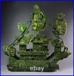 Large Chinese Hand Carved 100% Natural Jade Dragon Incense statue Dragon Boat