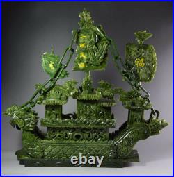 Large Chinese Hand Carved 100% Natural Jade Dragon Incense statue Dragon Boat