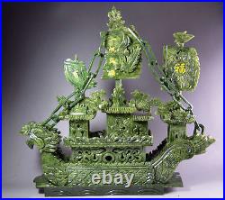 Large Chinese Hand Carved 100% Natural Jade Dragon Incense statue Dragon Boat