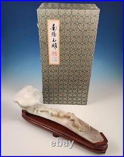 Large Chinese White Jade Ruyi Scepter Qilong Dragons Display Stand Box Nanyang