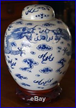 Large Covered Antique Chinese Blue & White Ginger Jar Dragon Pearl Ornate Stand