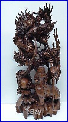 Large Ornately Carved Asian Timber Statue Chinese Tiger Dragon Vintage