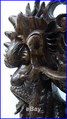 Large Ornately Carved Asian Timber Statue Chinese Tiger Dragon Vintage