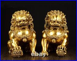 Large Pair Bronze Chinese Lion Foo Dog Statue Figure Sculpture Gold-Color H20CM