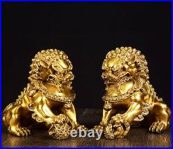 Large Pair Bronze Chinese Lion Foo Dog Statue Figure Sculpture Gold-Color H20CM