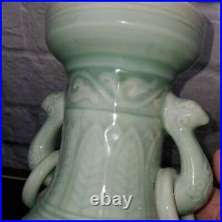Large Rare Lotus Chinese Celadon Glazed Porcelain Vase 15 H W Dragon Handles