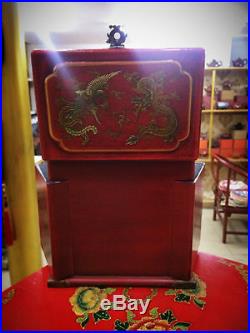 Large Red Chinese Painted Lacquer Dragon Phoenix Jewellery Box with Mirror