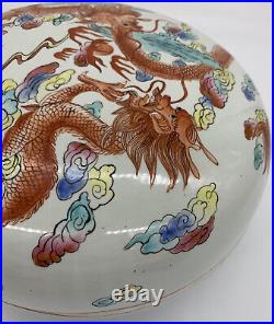 Large Vintage Chinese Famille Rose Lidded Box with Dragons 6 3/4 tall 10 5/8 W
