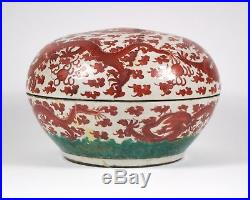 Large antique 19thc. Chinese iron-red dragon porcelain circular box & cover