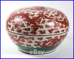 Large antique 19thc. Chinese iron-red dragon porcelain circular box & cover
