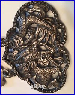 Late 1800s Chinese Export Silver Belt 15 Panels Hong Kong Immortals Dragons