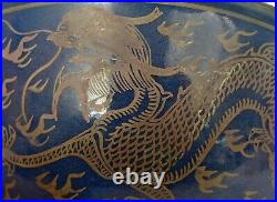 Late 19C Chinese Enamel Famille Rose Porcelain Cobalt Blue Gilt Dragon Bowl Mk