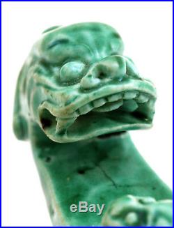 Late 19C Chinese Green Glaze Monochrome Porcelain Belt Buckle Hook Dragon Beast