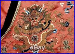 Late 19C Chinese Silk Embroidery Textile Forbidden Stitches Dragon Robe