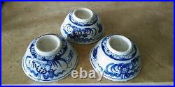 Lot Of (9) Antique Chinese Export Blue & White Porcelain Dragon Flower Set