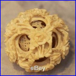 Lot of 3 Vintage Antique Chinese Hand Carved Puzzle Ball with Stand Dragon Flower