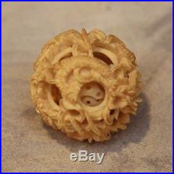Lot of 3 Vintage Antique Chinese Hand Carved Puzzle Ball with Stand Dragon Flower