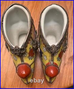 Lotus Chinese Tibetan Porcelain Silver Dragon Bound Shoes