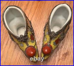 Lotus Chinese Tibetan Porcelain Silver Dragon Bound Shoes