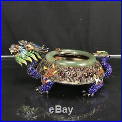 Lovely Large Beautiful Antique Chinese Silver Enamel Dragon & Jade Ash Tray