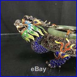 Lovely Large Beautiful Antique Chinese Silver Enamel Dragon & Jade Ash Tray
