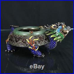 Lovely Large Beautiful Antique Chinese Silver Enamel Dragon & Jade Ash Tray