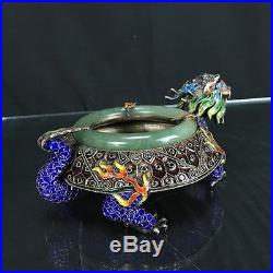 Lovely Large Beautiful Antique Chinese Silver Enamel Dragon & Jade Ash Tray