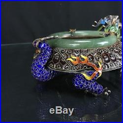 Lovely Large Beautiful Antique Chinese Silver Enamel Dragon & Jade Ash Tray
