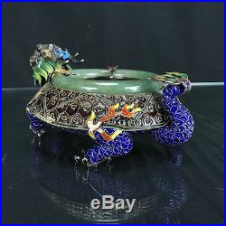 Lovely Large Beautiful Antique Chinese Silver Enamel Dragon & Jade Ash Tray