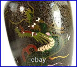 M040 Pair Antique Chinese Cloisonne Vases Dragons Rising From Sea