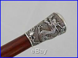 MAGNIFICENT CHINESE EXPORT SILVER WALKING CANE STICK DRAGON sterling ANTIQUE