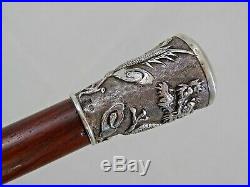 MAGNIFICENT CHINESE EXPORT SILVER WALKING CANE STICK DRAGON sterling ANTIQUE