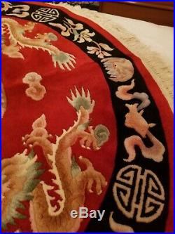 MCM ART DECO RED CHINESE round RUG 64 Dragon DESIGN SOFT WOOL fringe