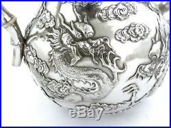 Magnificent Chinese SILVER TEA & COFFEE SERVICE, 1870 WO SHING Dragons & clouds