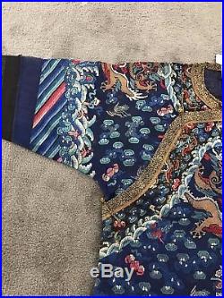 Marvelous Antique Chinese Blue Silk Dragon robe with Fine Dragons Excellent Con