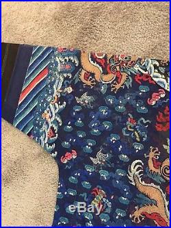 Marvelous Antique Chinese Blue Silk Dragon robe with Fine Dragons Excellent Con