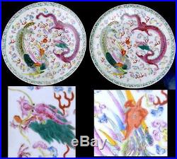 N818 Pair Chinese Famille Rose Porcelain Chargers Plate Dragon & Pheonix