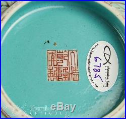 NICELY PAINTED ANTIQUE CHINESE TURQUOISE GLAZED BOWL WITH DRAGONS + MARK
